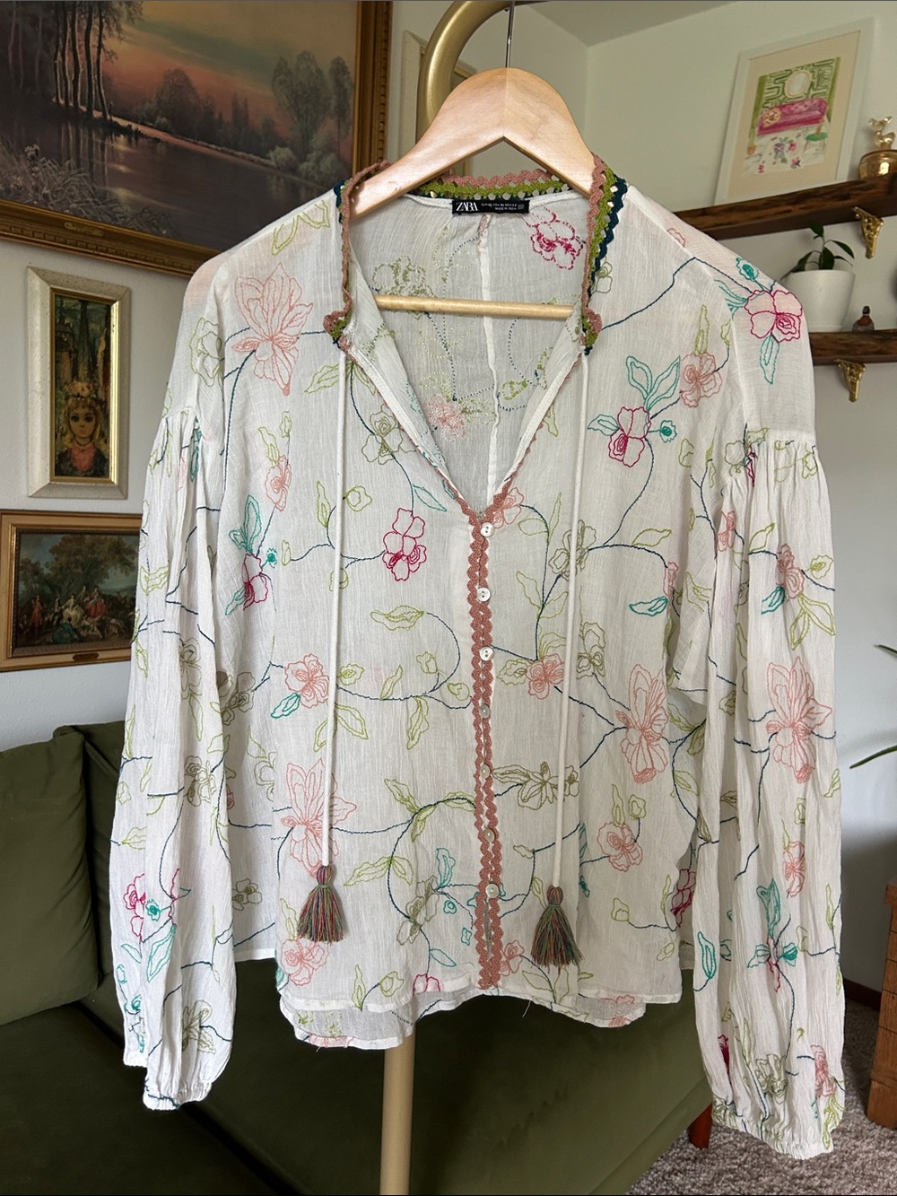 Zara Floral Embroidered Boho Peasant Blouse